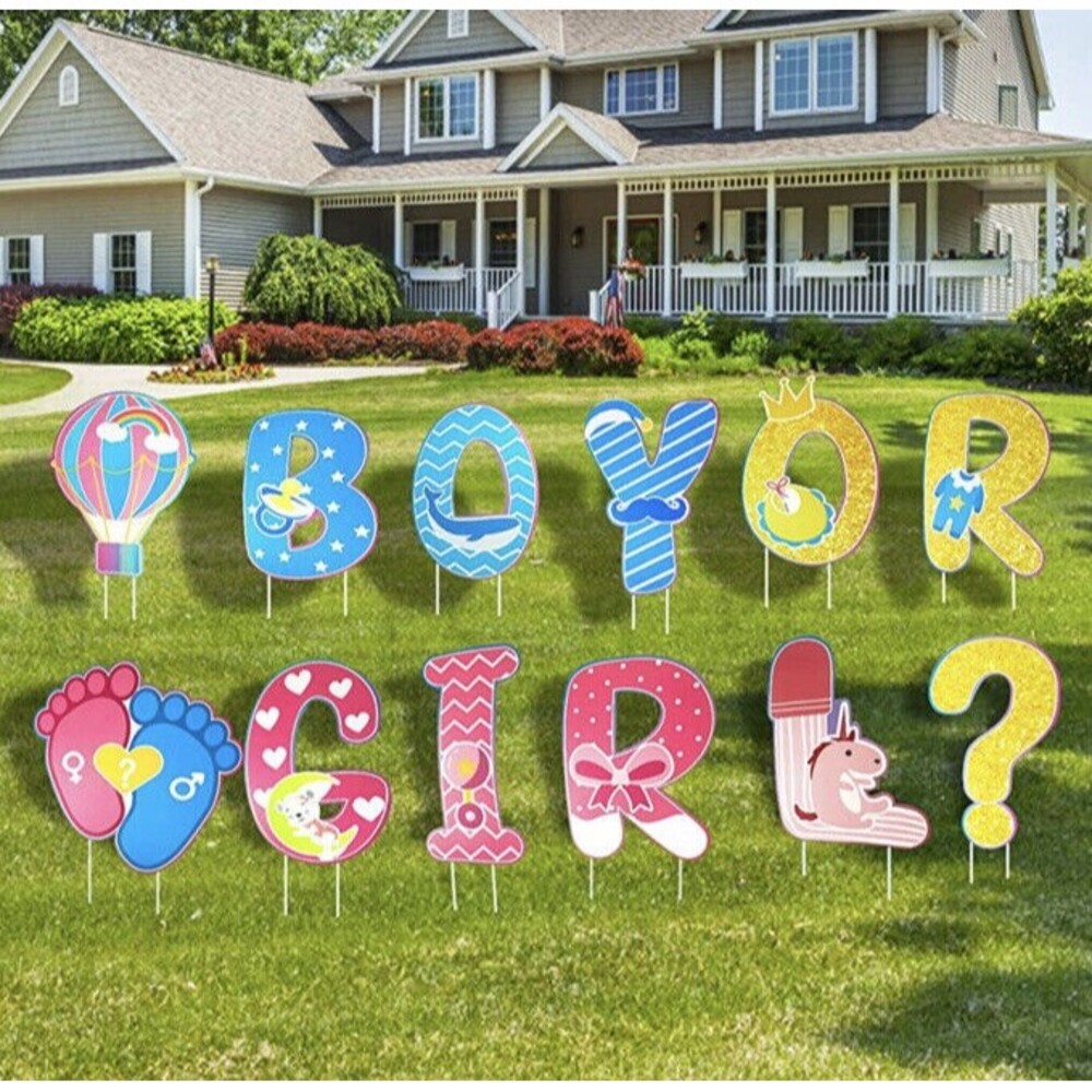 12 piece gender reveal yard sign with stakes baby shower decoration gender